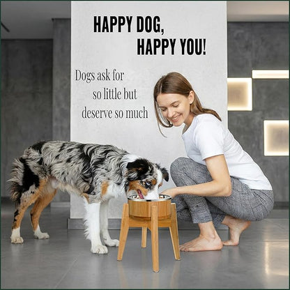 Elevated Dog Bowl for Mid-Large Breed, (12-Inch High) - Raised Food and Water Bowl with Stand, Flip-Resistant - Real Bamboo and Stainless Steel
