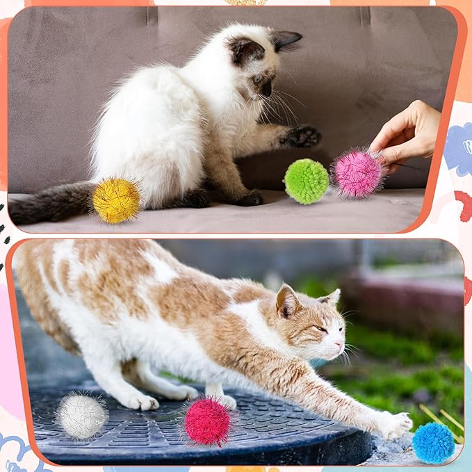 14 PCS Cat Toy Balls, 7 PCS Cute Sparkle Fuzzy Balls for Cat 7 Pieces Soft Cats Toys Yarn Puffs Ball Small Plush Cats Toy Ball for Kitten Pet Chase Play Interactive, Multicolor