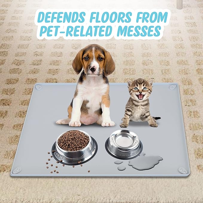 TidyFriend Pet Food Mat 30 x 23 Inches, Pet Tray for Food and Water, Dog Food Mats, Silicone Cat Food Mat, Non Slip Pet Food Mat, Dog Bowl Mat Waterproof, Pet Supplies (Soft Grey)