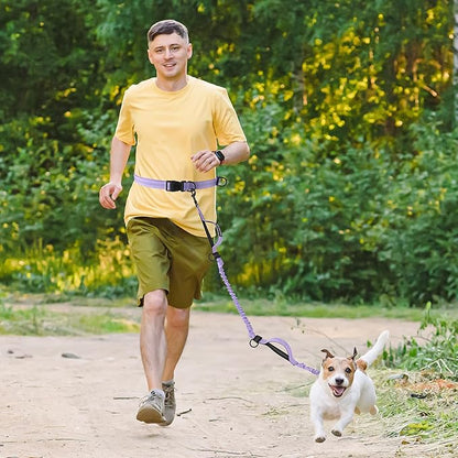 Mile High Life Hands Free Waist Leash for Dog Running Training and Jogging, Adjustable Belt with Double Handle, Reflective Bungee for Medium Large Dogs (Light Purple, 7FT)