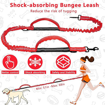 Hands Free Dog Leash with Zipper Pouch, Running Waist Leash for Dog Walking, Adjustable Waist Belt for Large Dogs, Reflective Bungee Design with Two Handle for Hiking, Training, Red