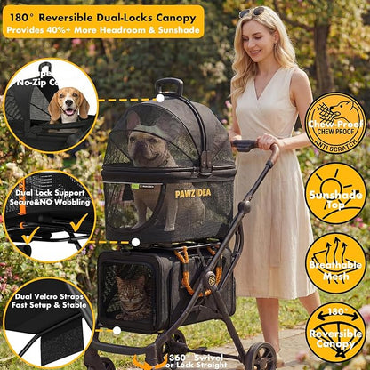 PAWZIDEA Double Pet Stroller with 2 Detachable Carrier, Lightweight Portable Travel Crate & Car Seat Combo & TSA-Approved Expandable Carrier, Foldable Jogger Stroller for 2–4 Cats or Small/Medium Dogs