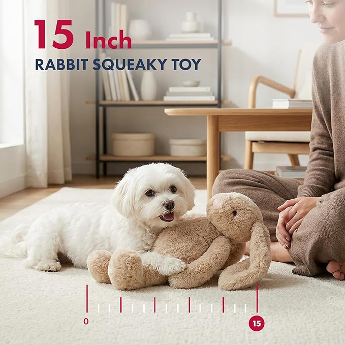 Pet Lou 15-Inch Rabbit Dog Squeak Toys, Durable Plush with Crinkle Interactive Dog Toy, Not for Heavy Aggressive Chewers, Colossal Dog Chew Toys