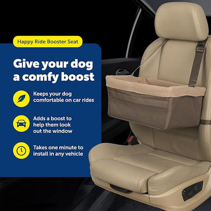 PetSafe Happy Ride Booster Seat for Dogs - Open Road Comfort - Safe Tether System - Zipper Pouch Dog Seat - Machine Washable Fleece Liner - Easy Install Design - Brown - Up to 18 lb