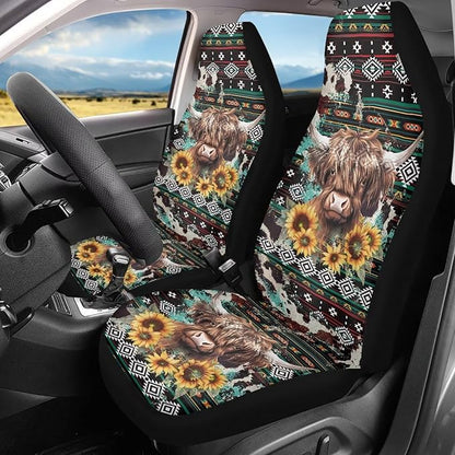 Car Seat Covers Waterproof Vintage Aztec Highland Cow Front Seat Covers Elastic Fabrics Easy Installation Protection Interior Accessories Suitable for Cars, SUV and Trucks
