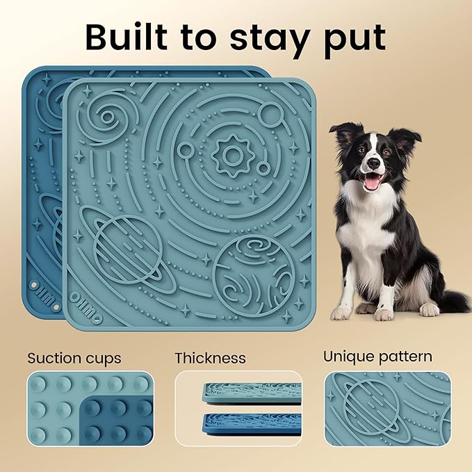 OHMO Lick Mat for Dogs and Cats(Small, Dark&Light Blue, 2pcs) Enrichment Accessories Toy Space Star Easy Clean Pet Slow Feeder/Suction Cups, Licking Pad for Anxiety Relief and Boredom Reduction
