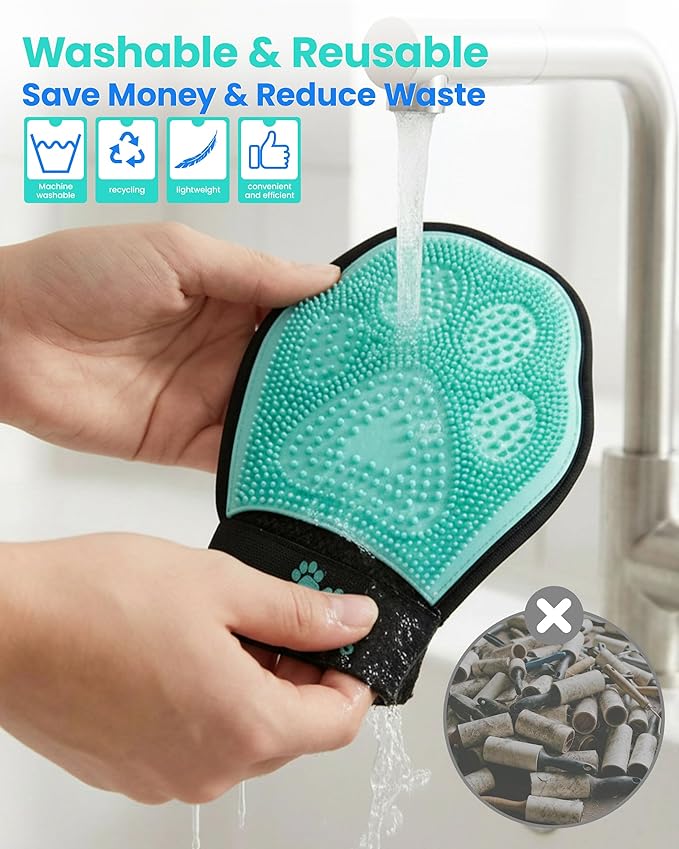 Pet Hair Removal Glove for Dogs & Cats(2-Pack), 2-in-1 Double-Sided Pet Grooming Glove, Electrostatic Pet Hair Remover Glove for Clothes & Furniture + Silicone Brush for Deshedding Pets