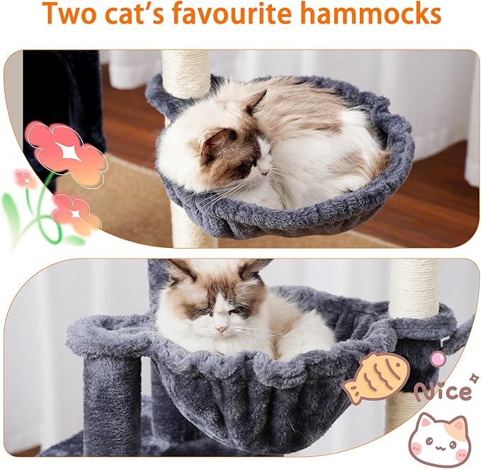 Heybly Cat Tree, 39.4 Inches Tower Condo with Scratching Post, Cat Tower for Indoor Cats, Fully Wrapped Sisal Pole, Soft Platform, 2 Baskets and Dangling Toy, Smoky Gray HCT006SG