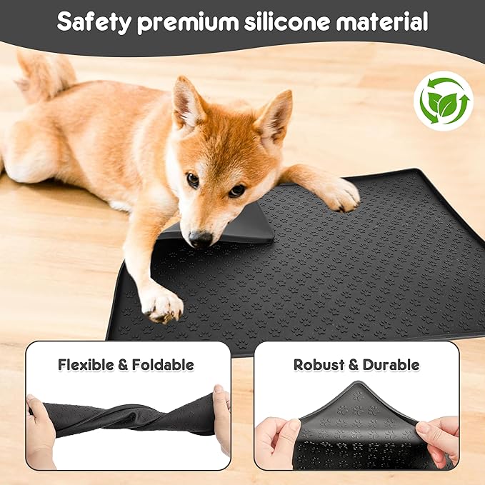 Silicone Dog Dish Mat for Food and Water - 23.6" *15.7" Waterproof Slip Pet Feeding Mat with Raised Edges to Prevent Messes on Floor (Black)