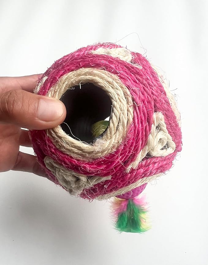 1x Hemp Ball Cat Toy,Six-Hole Hollow-Out Designed,Sisal Hemp Woven Cat Toy, Plume Bell Inside,Special Kitten Chew Toys for Indoor Cats,Interactive pet (Red, 12cm Ball)