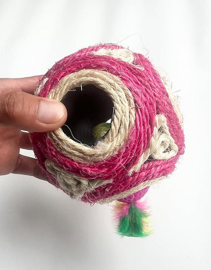 1x Hemp Ball Cat Toy,Six-Hole Hollow-Out Designed,Sisal Hemp Woven Cat Toy, Plume Bell Inside,Special Kitten Chew Toys for Indoor Cats,Interactive pet (Red, 12cm Ball)