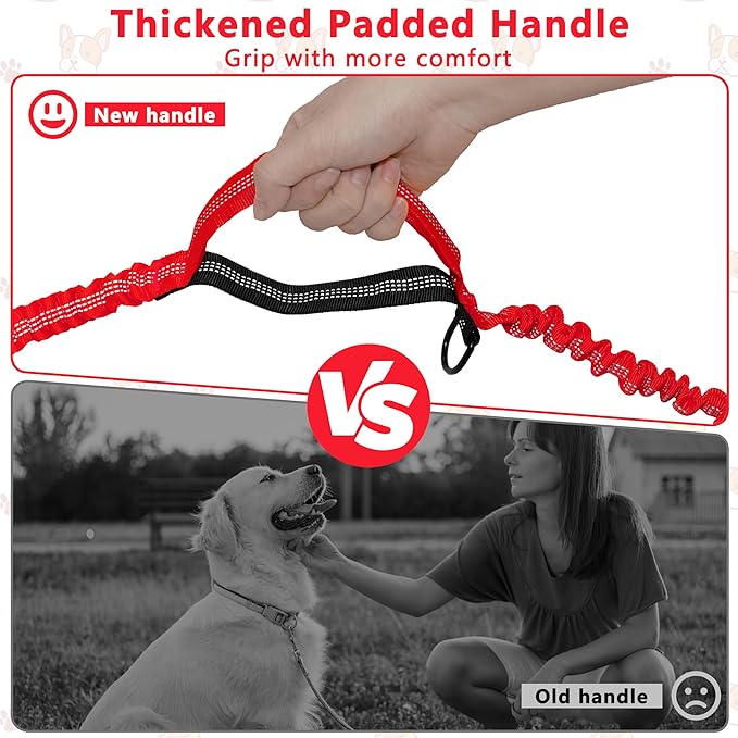Hands Free Dog Leash with Zipper Pouch, Running Waist Leash for Dog Walking, Adjustable Waist Belt for Large Dogs, Reflective Bungee Design with Two Handle for Hiking, Training, Red