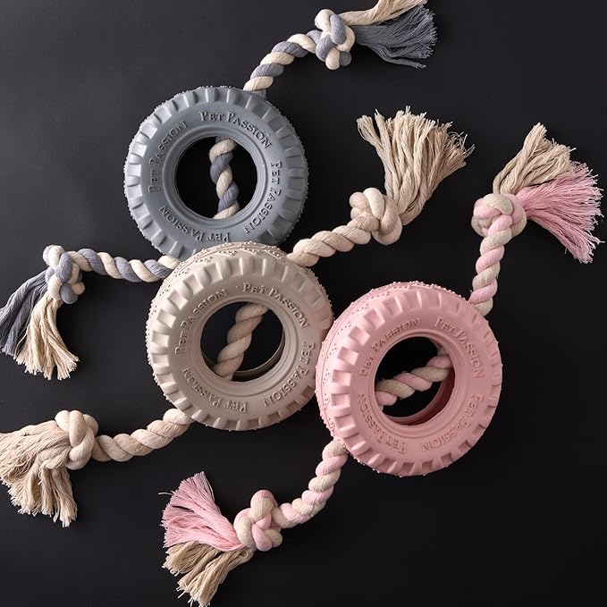 Natural Rubber Tire and Organic Cotton Rope Pull and Chew Dog Toy for All Pet Breeds, Gray, Large
