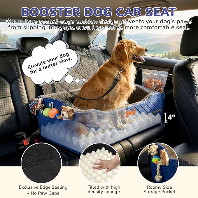 Dog Car Seat for Medium Large Dogs, 4" Elevated Dog Booster Seat with ISOFIX Safety Fixation, Washable Cover & High Density Memory Foam, Portable for Car Front/Rear/Trunk Home Outdoor Use (Navy Blue)