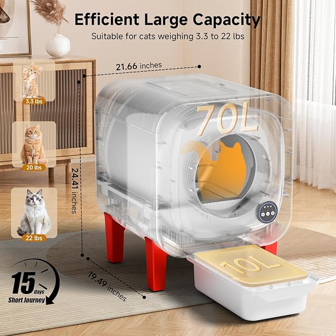 Self Cleaning Litter Box, Extra Large Automatic Cat Litter Box Self Cleaning for Multiple Cats, App Control, Safety Protection, Ultra-Quiet,Includes Trash Bags,Red