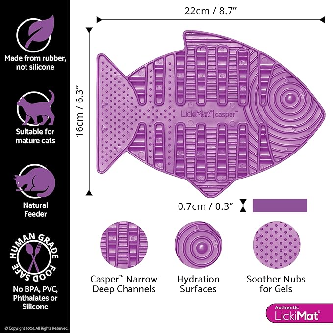 LickiMat Casper, Fish-Shaped Cat Slow Feeders Lick Mat, Boredom Anxiety Reducer; Perfect for Food, Treats, Yogurt, or Peanut Butter. Fun Alternative to a Slow Feed Cat Bowl or Dish, Purple