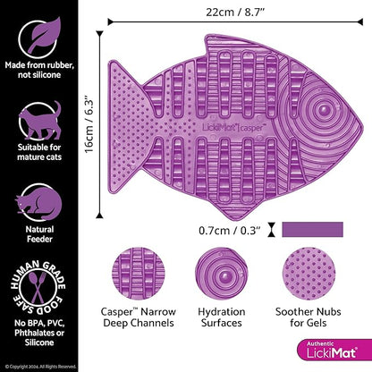 LickiMat Casper, Fish-Shaped Cat Slow Feeders Lick Mat, Boredom Anxiety Reducer; Perfect for Food, Treats, Yogurt, or Peanut Butter. Fun Alternative to a Slow Feed Cat Bowl or Dish, Purple