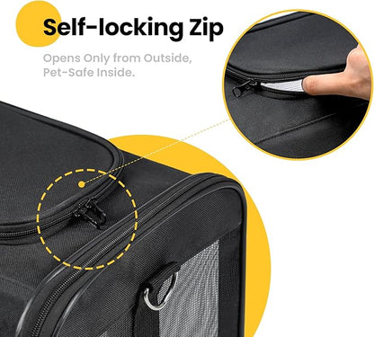 Cat Carrier Airline Approved, Soft-Sided Dog Carrier with Inner Safety Leash, Pet Transport Carrier for Small-Medium Cats Puppies up to 15 Lbs, Collapsible Travel Kitten Carrier Bag -BlackM