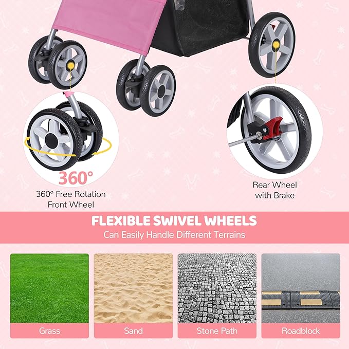 ZENY Foldable Pet Stroller, Cat/Dog Stroller with 4 Wheel, Pet Travel Carrier Strolling Cart with Storage Basket, Cup Holder (Pink)
