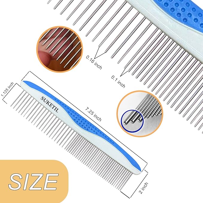 Dematting Comb for Dogs & Cats, Removes Tangles & Matted Fur, Stainless Steel Teeth, Non-Slip Handle, Pet Grooming Tool (Style 1- Blue)