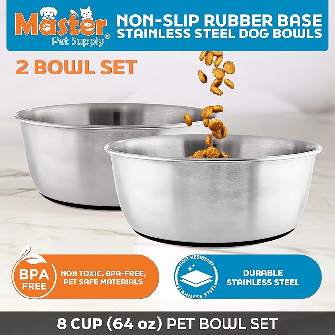 Master Pet Supply Stainless Steel Dog Bowls Set of 2 (64 Oz Each) with Non-Slip Rubber Base - Stainless Steel - Basic Dog Food Bowl Water & Food Bowls for Small Medium Large Dogs & Cats, Metal Dish
