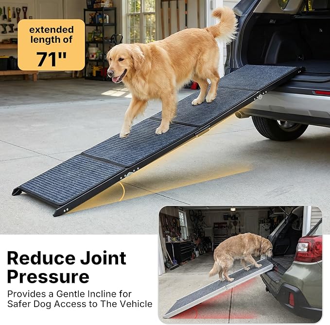 Veehoo Dog Ramp for Car Truck SUV 71" Long 20" Extra Wide, Foldable Dog Ramp with Non Slip Rug Surface for Large Dogs, Portable Folding Outdoor Pet Stairs for Dogs to Get in Car, Support up to 220lbs