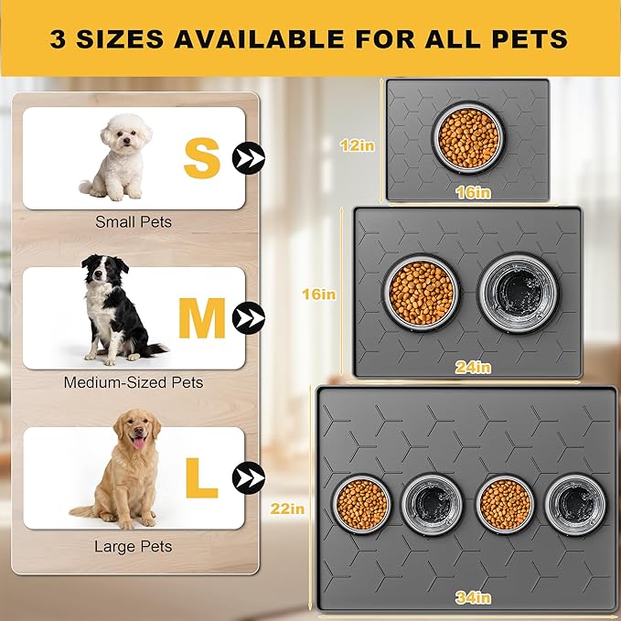Pieviev 16''x12'' Dog Cat Food Bowl Mat, Silicone Waterproof Food Grade Pet Food Mat for Floor, High Raised Edge to Prevent Spills, Non-Slip & Easy Clean Pet Placemat for Dog & Cat Bowls, Dark Gray