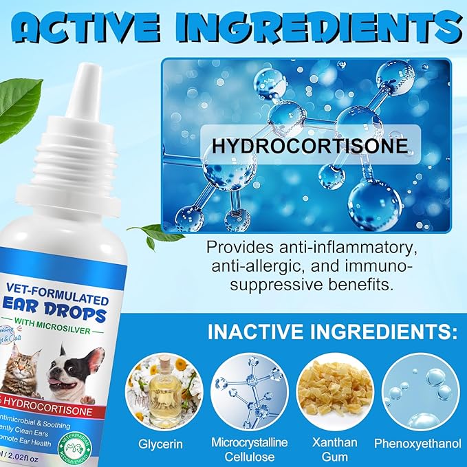 Cat & Dog Ear Infection Treatment Drops, Ear Cleaner to Soothe and Relieve Itchness, with 1% Hydrocortisone for Dog Ear Infections, Prevents Inflammatio, Treats Ear Infections- 2.02 Fl.Oz