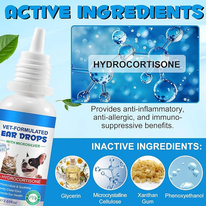 Dog Ear Infection Treatment Drops Yeast Ear Infection Treatment with 1% Hydrocortisone Ear Mites Treatment for Dogs Cat & Dog Ear Cleaner for Itchy Ear Relief (120ml)
