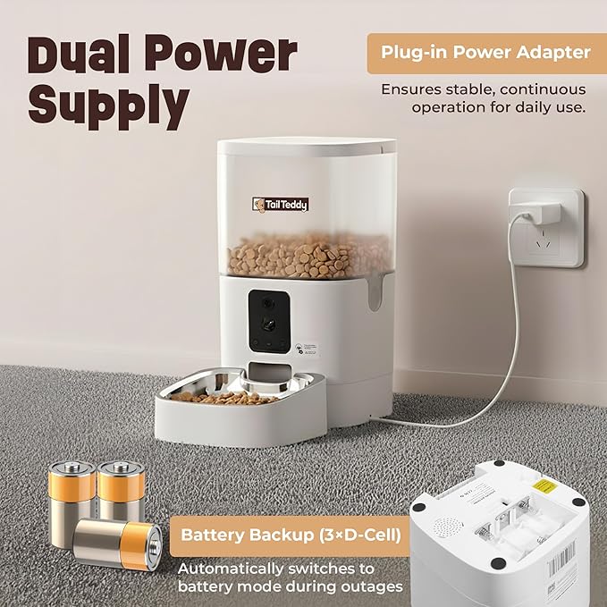 TailTeddy Automatic Cat Feeder with Dual Camera & AI Detection (6L), Smart Pet Feeder with WiFi App & Two-Way Audio, Timed Cat Feeder up to 6 Meals/Day, Stainless Steel Bowl & Battery Backup