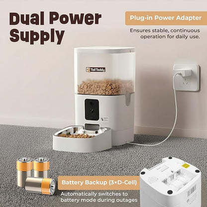 TailTeddy Automatic Cat Feeder with Dual Camera & AI Detection (6L), Smart Pet Feeder with WiFi App & Two-Way Audio, Timed Cat Feeder up to 6 Meals/Day, Stainless Steel Bowl & Battery Backup