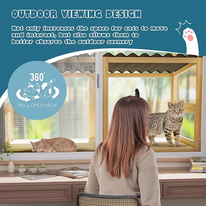 MAGIC UNION Cat Catio, Cat Window Perch for Indoor Cats - Expandable Wooden Windows Box Enclosure, Waterproof Cats Windows Hammock for Enjoying The Outdoor Sights (Original Wood, 82.6" L)
