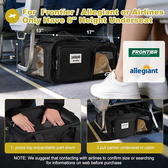 17x13x8 Frontier Allegiant Breeze Airline Approved top Expandable pet Carrier for Extra-Small Dog/Small cat up to 5 lbs(All Black)