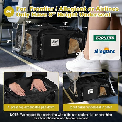 17x13x8 Frontier Allegiant Breeze Airline Approved top Expandable pet Carrier for Extra-Small Dog/Small cat up to 5 lbs(All Black)