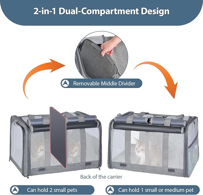 Cat Carrier for 2 Cats, Large Soft-Sided Pet Travel Carrier, Dual Compartments, Privacy Protection, Dog Carrier for Small/Medium Dogs, Home & Outdoor Use