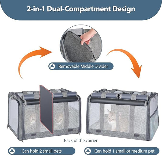 Cat Carrier for 2 Cats, Large Soft-Sided Pet Travel Carrier, Dual Compartments, Privacy Protection, Dog Carrier for Small/Medium Dogs, Home & Outdoor Use