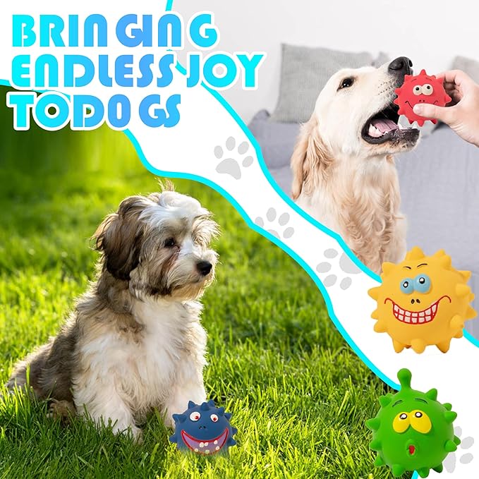 TTCOLATOPIA 4Pcs Squeaky Dog Toys Set - Natural Latex Rubber Balls for Large, Medium, Small Dogs - Aggressive Chewers Friendly - Cute Faces for Fun