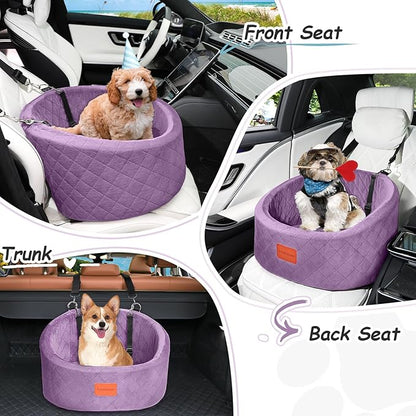 Lealchum Dog Car Seat for Small Dogs Up to 30 Lbs,Ultra Soft Fabric Fill in Comfy Memory Foam,Happy Pet Ride,2 Safety Dog Leashes,Fully Detachable and Washable,Anti Slip Base(Purple)