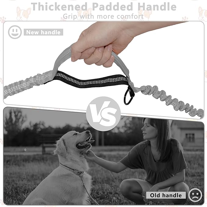 Hands Free Dog Leash with Zipper Pouch, Running Waist Leash for Dog Walking, Adjustable Waist Belt for Large Dogs, Reflective Bungee Design with Two Handle for Hiking, Training, Grey
