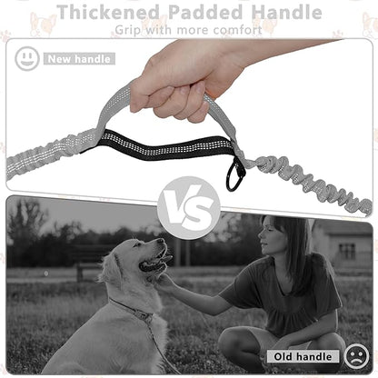 Hands Free Dog Leash with Zipper Pouch, Running Waist Leash for Dog Walking, Adjustable Waist Belt for Large Dogs, Reflective Bungee Design with Two Handle for Hiking, Training, Grey
