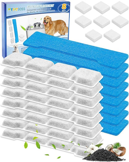 8 Set Dog Water Filter Replacement Compatible with SIBAYS & Compatible with Kastty 15L/4Gal, Dog Water Fountain Filter, Multilayer Filtration System 8Pre-Filter+8 Filters+8 Sponges