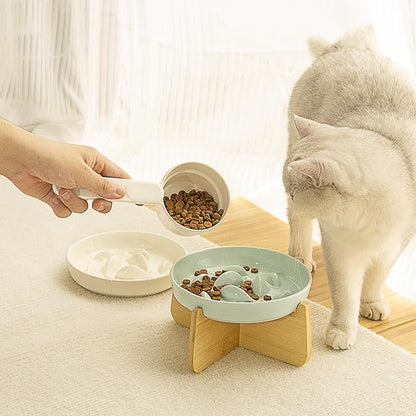 Non-Slip Rubberwood Elevated Cat Feeder Stand - 6.1"x3.5" Detachable Bowl Holder, Ergonomic Anti-Vomiting Raised Pet Dish Stand (Green(Ceramic)-Bamboo Stand)