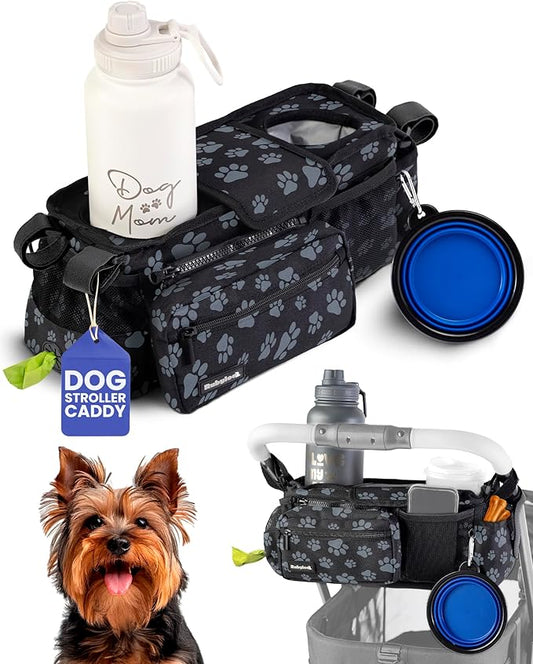 Dog Stroller Caddy Organizer with Poop Bag Dispenser, Treat Pocket, Water Bowl – Dog Stroller Accessories with Insulated Cup Holders, Pet Storage & Non-Slip Fit for 14"-19" Wide Handlebars - Paws