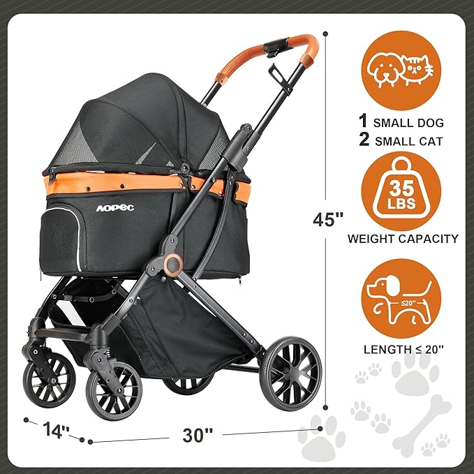 Pet Stroller for Small Dogs & Cats – Easy One-Hand Fold, Supports Up to 35 lbs – Black