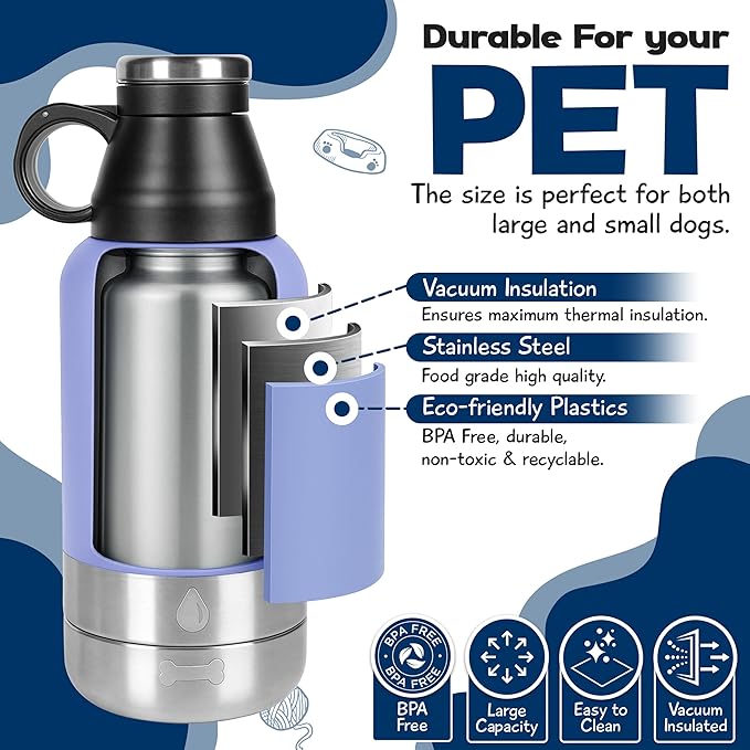 Portable Dog Water Bottle with 2 Removable Water Bowls for Dogs – Leak-Proof Insulated Stainless Steel Dog Water Bottle – Travel Accessories for Dogs - 32oz - Lavender