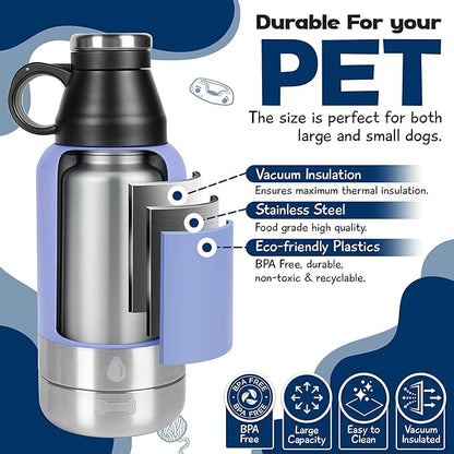 Portable Dog Water Bottle with 2 Removable Water Bowls for Dogs – Leak-Proof Insulated Stainless Steel Dog Water Bottle – Travel Accessories for Dogs - 32oz - Lavender