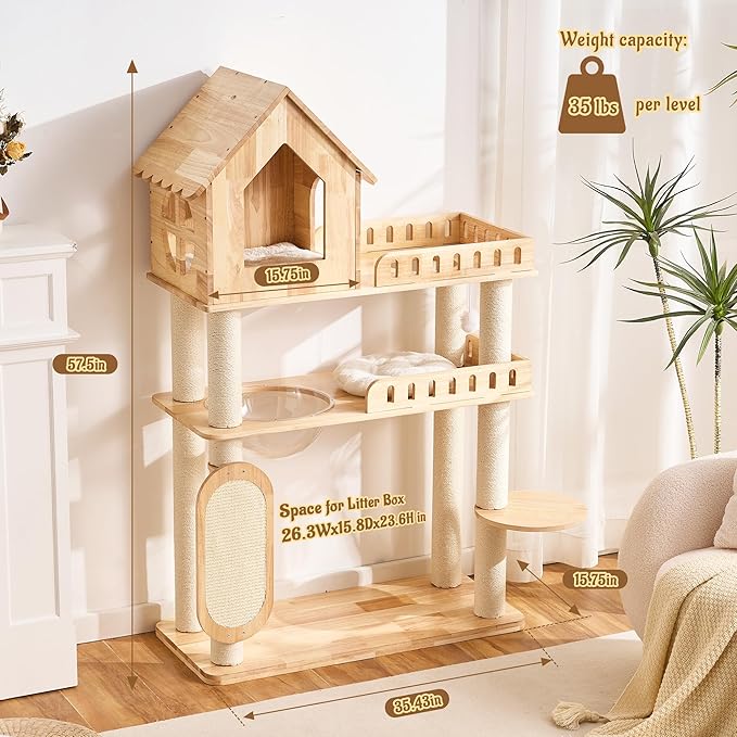 58" Tall&Wide Solid Wood Cat Tree Tower for Indoor Cats, Modern Cat Tree Open-Style Cat Villa Condo with Scratching Posts & Board, Cat Beds, Multi-Level Cat Furniture with Space for Litter Box