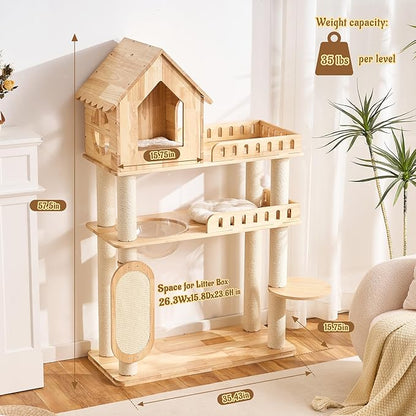 58" Tall&Wide Solid Wood Cat Tree Tower for Indoor Cats, Modern Cat Tree Open-Style Cat Villa Condo with Scratching Posts & Board, Cat Beds, Multi-Level Cat Furniture with Space for Litter Box