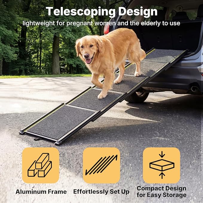 Veehoo Telescoping Dog Ramp for Car Truck SUV, 71" Long 20" Wide Lightweight Aluminium Pet Ramps with Non Slip Surface for Large Dogs, Portable Compact Outdoor Ramp for Dog to Get in Car, Up to 110lbs