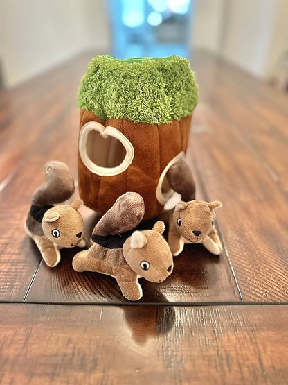 Glow Pups Squirrel in Tree Hide and Seek Plush Squirrel Inside Trunk Interactive Burrow Dog Toy for Small and Medium Size Dogs, Tree with Squirrels